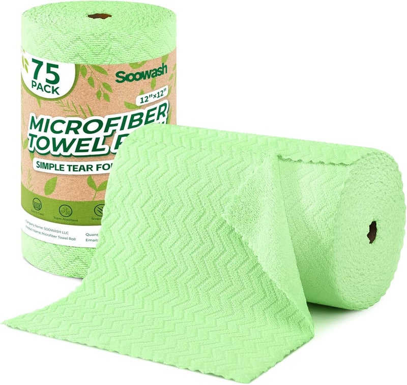 SOOWASH Microfiber Cleaning Cloths Roll, 75 Pack Tear Away Microfiber Towels Roll, 12" x 12" Lint Free Rags, Reusable Cleaning Cloths, Washable, Scratch Free,Ultra Absorbent Dish Rags(Green Ripple) - Image 1